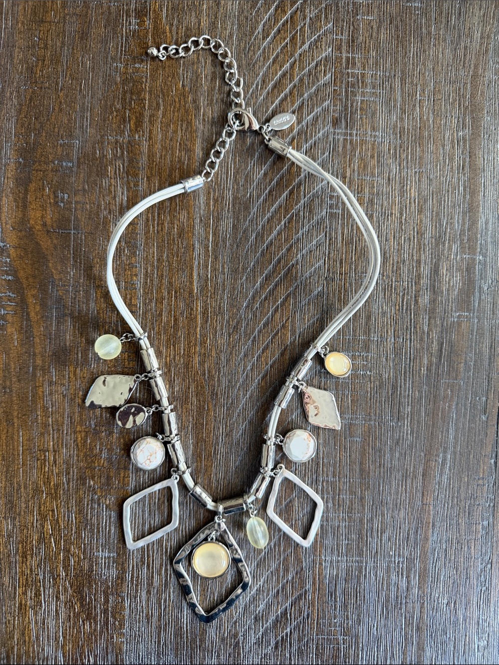 Chico's Silver and Cream Multi-Dangle Statement Necklace 16"-21.5" Corded Y2K